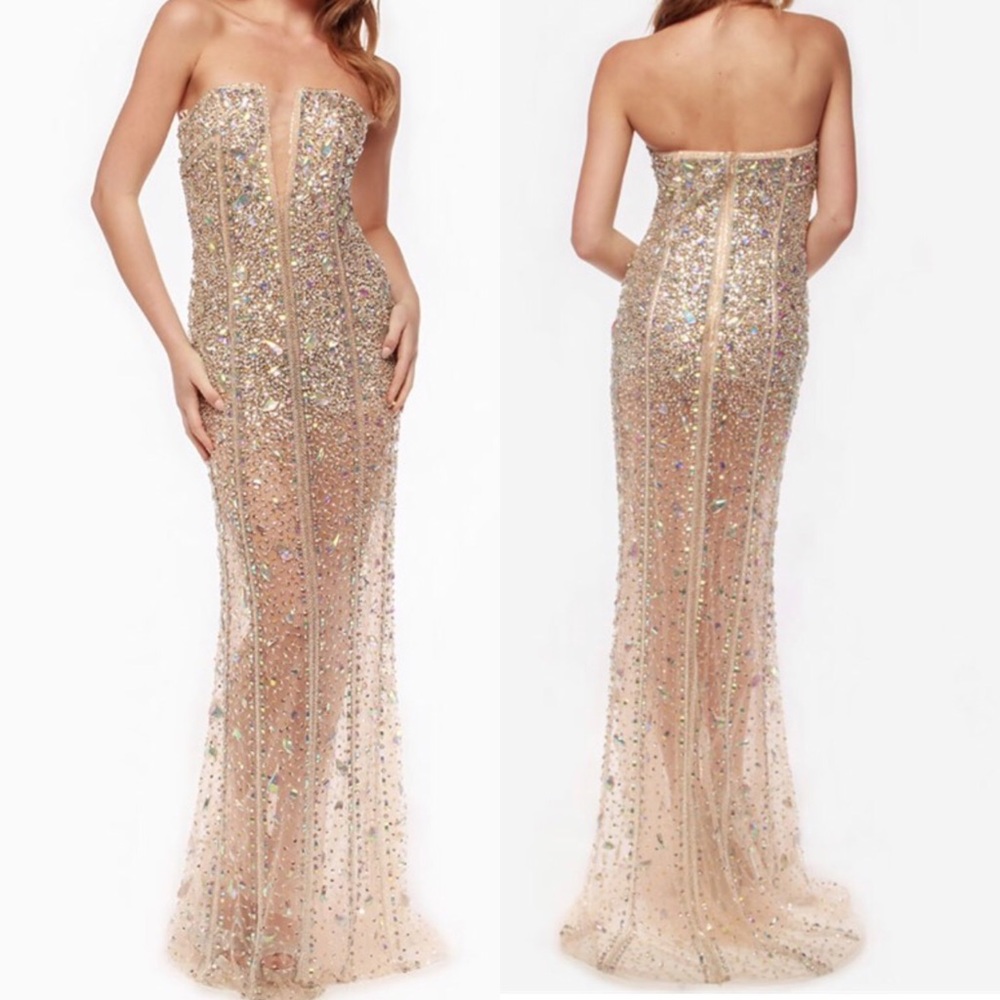 Sheer Chunky Rhinestone Evening Gown. Prom Dress.